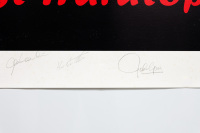 FORD FALCON: A large limited edition [53/120] signed poster featuring the Bathurst XA & XC hardtop Falcons, with signatures in pencil from Alan Hamilton, Kevin Bartlett, Colin Bond, Allan Moffat, John Goss & Ian Geoghegan, 69cm high, 96cm wide - 5