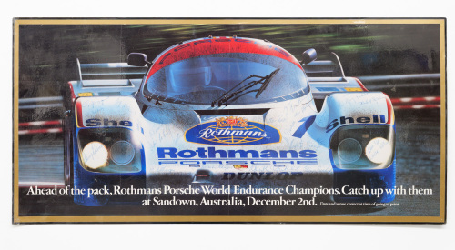 ROTHMANS PORSCHE: A signed laminated poster promoting the 1984 World Endurance race at Sandown, featuring a Rothmans Porsche 956 and signed by many drivers in ink, 36.5cm high, 76.5cm wide