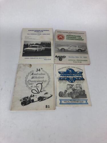 RACING: Four racing programs including Surfers Paradise Gemini Series 1983, Surfers Paradise Touring Cars 1982, Australian Hill Climb 1987, Speedway