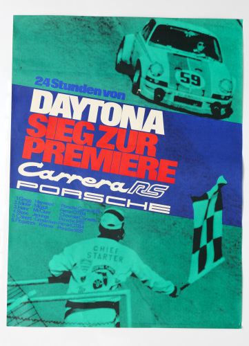 CARRERA RS: A large 1973 dated Porsche poster celebrating the Porsche Carrera RS victory at the 1973 Daytona 24 Hour race, 1.01m high, 76cm wide,
