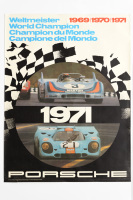 PORSCHE POSTER: A large 1971 dated Porsche Poster celebrating the 1969/1970/1971 world champions & with photos of both the Martini 908/3 & the Gulf Oil 917, 1.01m high, 76cm wide