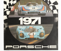 PORSCHE POSTER: A large 1971 dated Porsche Poster celebrating the 1969/1970/1971 world champions & with photos of both the Martini 908/3 & the Gulf Oil 917, 1.01m high, 76cm wide - 3