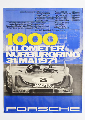 PORSCHE 908/03: A large 1971 dated Porsche poster celebrating the Porsche 908/03 victory at the 1971 1000km race at Nurburgring, 1.01m high, 76cm wide