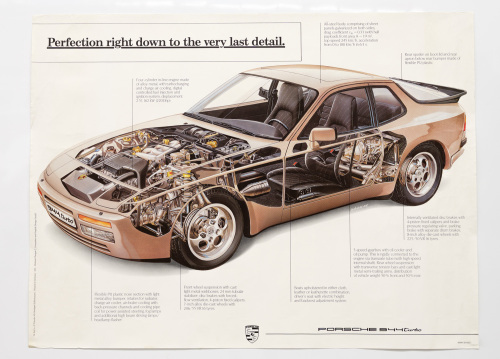 PORSCHE 944: A large 1985 dated Porsche poster featuring a cutaway illustration of the Porsche 944 Turbo with vehicle detail & specs, 76cm high, 1.01m wide