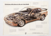 PORSCHE 944: A large 1985 dated Porsche poster featuring a cutaway illustration of the Porsche 944 Turbo with vehicle detail & specs, 76cm high, 1.01m wide