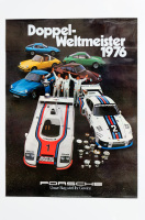 PORSCHE POSTER: A large laminated circa 1976 Porsche poster celebrating the double world champion of 1976 for Porsche, 1.02m high, 76cm wide