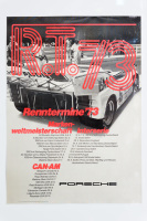 PORSCHE CAN-AM: A large laminated 1973 dated Porsche poster promoting the 1973 Can-Am race dates with Porsche 917/30 photo to upper half, 1.02m high, 73.5cm wide