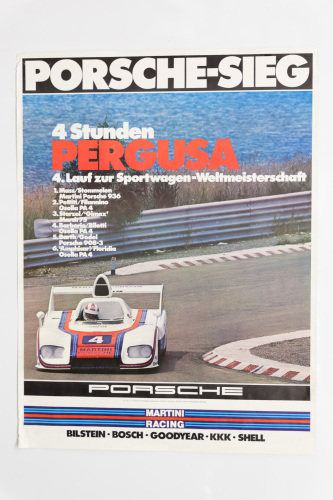 PORSCHE 936: A large 1976 dated Porsche poster celebrating the Porsche 936 victory at the 1976 4 Hour race at Pergusa, Italy, 1.01m high, 76cm wide