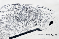 CARRERA GTS: A very large laminated Porsche poster featuring a cutaway illustration of a Carrera GTS, Type 904 with specs noted to lower right side, 81.5cm high, 1.25m wide - 3