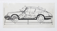 PORSCHE 911: A large & wide clear lens poster featuring a Porsche 911 side view with measurements and degrees noted, 55.5cm high, 1.12m wide