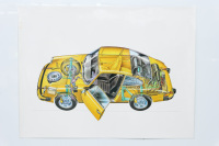 PORSCHE 911: A large laminated undated poster featuring a cutaway illustration of an early model Porsche 911, 76.5cm high, 1.02m wide