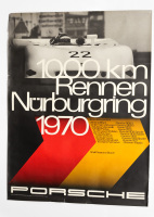 PORSCHE 908-3: A large 1970 dated Porsche poster celebrating the Porsche 908-3 victory at the 1970 1000km race at Nurburgring, 1.01m high, 76cm wide