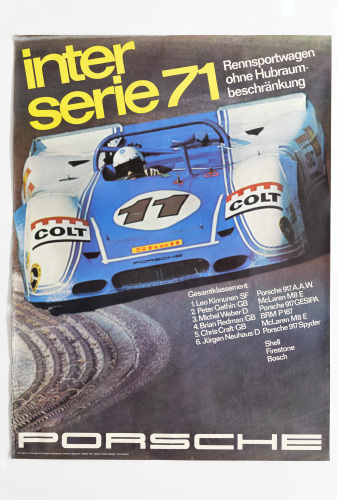 PORSCHE 917A.A.W: A large 1971 dated Porsche poster celebrating the Porsche 917 A.A.W. victory in the 1971 Interserie, 1.01m high, 76cm wide