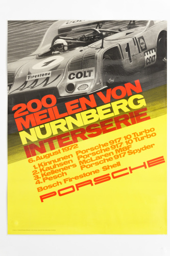 PORSCHE 917/10: A large laminated 1972 dated Porsche poster celebrating the Porsche 917-10 victory at the 1972 200 Mile race at Nurburgring, 1.01m high, 77cm wide