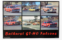 GT-HO FALCON: A large poster featuring six circa 1971 Bathurst GT-HO Ford Falcons from different racing teams, 60cm high, 90cm wide