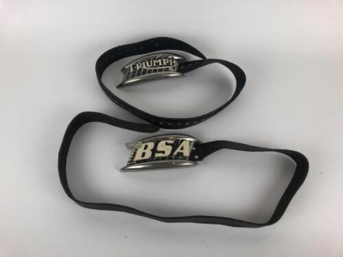 MOTORCYCLE CLOTHING: Two leather belts, Triumph 750mm metal buckle and BSA 950mm metal buckle