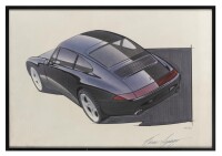 PORSCHE: A limited edition print of the 911/993 drawing by Porsche`s designer Tony Hatter, numbered in pencil 495/600, signed in pen by styling chief Harm Lagaay, framed
