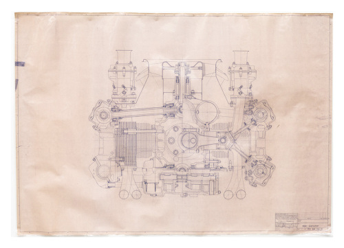PORSCHE ENGINE: A large laminated 1962 dated, 1:1 scale blueprint diagram of Porsche engine cross-section, with number noted to lower left '753.100.010.01', 84cm high, 1.19m wide