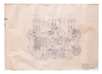 PORSCHE ENGINE: A large laminated 1962 dated, 1:1 scale blueprint diagram of Porsche engine cross-section, with number noted to lower left '753.100.010.01', 84cm high, 1.19m wide