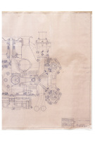 PORSCHE ENGINE: A large laminated 1962 dated, 1:1 scale blueprint diagram of Porsche engine cross-section, with number noted to lower left '753.100.010.01', 84cm high, 1.19m wide - 4