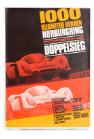 PORSCHE 908: A very large 1968 dated Porsche Poster celebrating the Porsche 1-2 finish at the 1965 Nurburgring 1000km race in the Porsche 908 & 907, 1.19m high, 84cm wide