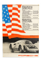 PORSCHE 910: A very large 1967 dated Porsche poster celebrating the Porsche 910 victory at the 1967 Daytona 24 Hour race & Sebring 12 Hour race, 1.18m high, 84cm wide