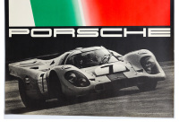 PORSCHE-GULF 917: A very large 1970 dated Porsche poster celebrating the Porsche-Gulf 917 victory at the 1970 Monza 1000km race, 1.18m high, 84cm wide - 3