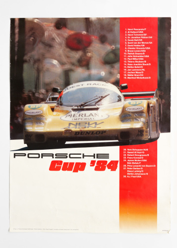 PORSCHE 956B: A large 1984 dated Porsche Poster celebrating Henri Pescarolo winning the 1984 Porsche Cup in his New-Man Joest Racing Team Porsche 956B, 1.01m high, 76cm wide