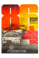 VW-PORSCHE 914/6: A large 1970 dated Porsche poster celebrating the 1-2-3 finish for the VW-Porsche 914/6 at the 1970 86 Hour Nurburgring race, 1.01m high, 75cm wide