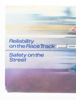 PORSCHE POSTER: A large original 1969 printed Porsche poster 'Reliability on the Race Track - Safety on the Street' with two Porsche 911 photos, one in race mode and one in road mode, 84cm high, 118cm wide - 2