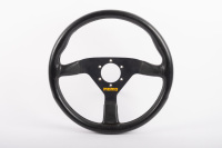 MOMO: A Momo steering wheel, type V35, three spoke leather bound, stitching has come undone