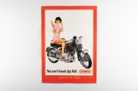 A later production of the Chiko roll ' You can't knock the Roll.' Legends of Chiko Limited Edition advertising poster featuring a lady on a Vincent Motorcycle, 59.5cm high, 42cm wide
