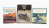 Three books detailing Vincent includes, 'Vincent Twins - Super Profile' by P. Bickerstaff, 'Illustrated Vincent Motorcycle Buyers Guide' by Zachary Miller and one other