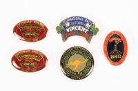 Five pins/badges related to Vincent club rallies, including California 1991, Victoria 1994, South Australia 1992, and Canberra 1990