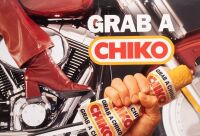 A late 1990s - early 2000s Chiko Roll advertising poster featuring Sarah Jane on a Harley Davidson Fat Boy, 42cm high, 59cm wide - 3