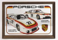 PORSCHE RACING: A printed mirror by Seriprint commemorating racing Porsches, depicting a Porsche 935 as driven by Alan Jones and a Porsche 944 as driven by Colin Bond
