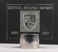 NORMAN HAMILTON: A high quality commemorative etched crystal block on cylindrical base celebrating 'Norman Hamilton & Co Pty. Ltd - 1950-1900' with etched Porsche emblem to centre, signed 'B. Hor&aacute;ček' 19cm high - 5