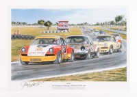 PORSCHE CHALLENGE: A print after the original titled '3-2-1 1974 Porsche Challenge, Wanneroo Park, WA' featuring various racing Porsches, print signed by Alan Hamilton to lower left corner, 30cm high, 42cm wide overall