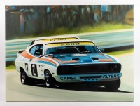 BATHURST 1977: A large oil on canvas painting featuring no. 2 Ford Falcon XC as driven by Alan Hamilton & Colin Bond in race scene followed closely by winning car number one, 59.5cm high, 79.5cm wide