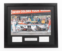 BATHURST 1977: A print titled 'Mountain Moments with Moffat' depicting a pit scene at the 1977 Bathurst Hardie-Ferodo 1000 including the winning Ford XC Falcon, signed by drivers of car number 2, Alan Hamilton & Colin Bond