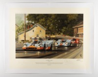 A decorative limited edition print [32/500] titled 'Victory at Spa' by Michael Mate, depicted the 1970 Spa 1000 Kilometers event, signed in pencil by drivers Derrick Bell and Brian Redman