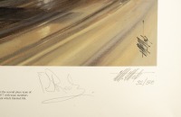A decorative limited edition print [32/500] titled 'Victory at Spa' by Michael Mate, depicted the 1970 Spa 1000 Kilometers event, signed in pencil by drivers Derrick Bell and Brian Redman - 4