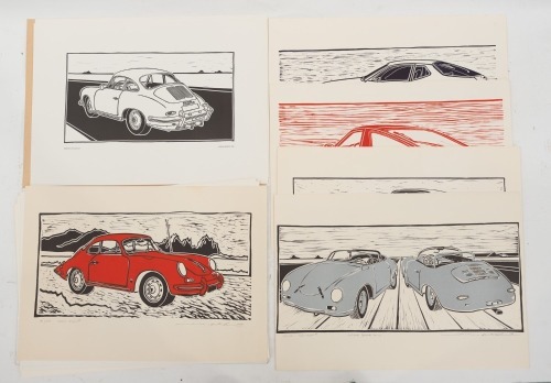 ANDREAS HENTRICH: A portfolio of Porsche related woodcut prints by renowned artist Andreas Hentrich, 18 prints in total, presented to Mr & Mrs Alan Hamilton at Sandown 1984