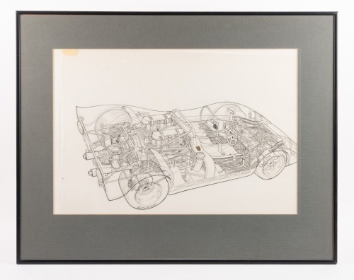 ANDREW KEILLER: A large framed & glazed cutaway diagram print of a Porsche 908/02 Spyder, named 'Andrew Keiller - 1996', 56cm high, 71cm wide