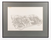 ANDREW KEILLER: A large framed & glazed cutaway diagram print of a Porsche 908/02 Spyder, named 'Andrew Keiller - 1996', 56cm high, 71cm wide