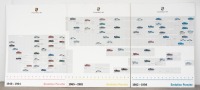 EVOLUTION PORSCHE: A very large wall display piece celebrating the 50 year Porsche anniversary, illustrating the evolution of Porsche models from 1948-1998, consists of three separate posters mounted on thin wood block to form one display