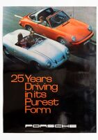 PORSCHE POSTER: A large laminated 1974 Porsche poster '25 Years Driving in its Purest Form' features a Porsche 356/001 and a 911 Targa driving together, 1.01m high, 75.5cm wide