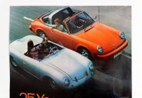 PORSCHE POSTER: A large laminated 1974 Porsche poster '25 Years Driving in its Purest Form' features a Porsche 356/001 and a 911 Targa driving together, 1.01m high, 75.5cm wide - 2