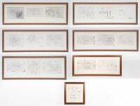 WALL DISPLAYS: A group of seven framed & glazed wall prints each containing reproduced early Porsche blueprint mechanical diagrams, six approx measure 47cm high, 138cm wide, one smaller print containing Rennwagen diagrams, 43cm high, 41cm wide overall