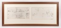 WALL DISPLAYS: A group of seven framed & glazed wall prints each containing reproduced early Porsche blueprint mechanical diagrams, six approx measure 47cm high, 138cm wide, one smaller print containing Rennwagen diagrams, 43cm high, 41cm wide overall - 2